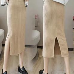 ニットスカート タイト レディース ボトムス 秋冬 タイトスカート スリット ミモレ丈