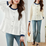 ブラウス レディース 長袖 トップス ペプラム チュニック 刺繍シャツ 花柄